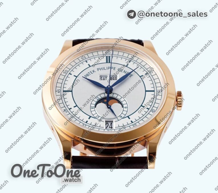 Реплика часов Patek Philippe Annual Calendar Moonphase 5396 Rose gold Top-tier Копия один в один White/Blue Dial on Brown Leather Strap