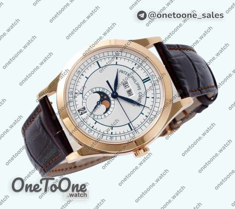 Реплика часов Patek Philippe Annual Calendar Moonphase 5396 Rose gold Top-tier Копия один в один White/Blue Dial on Brown Leather Strap