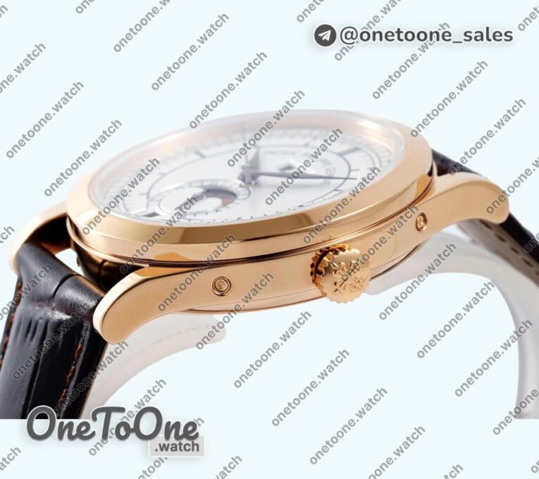 Реплика часов Patek Philippe Annual Calendar Moonphase 5396 Rose gold Top-tier Копия один в один White/Blue Dial on Brown Leather Strap