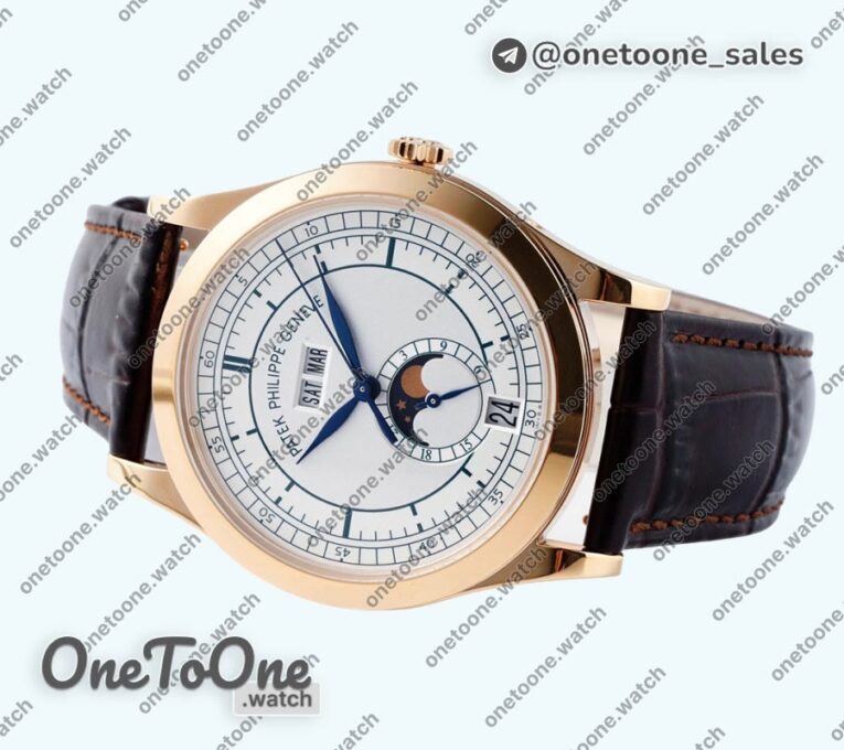 Реплика часов Patek Philippe Annual Calendar Moonphase 5396 Rose gold Top-tier Копия один в один White/Blue Dial on Brown Leather Strap