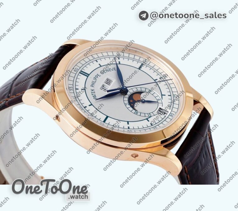 Реплика часов Patek Philippe Annual Calendar Moonphase 5396 Rose gold Top-tier Копия один в один White/Blue Dial on Brown Leather Strap