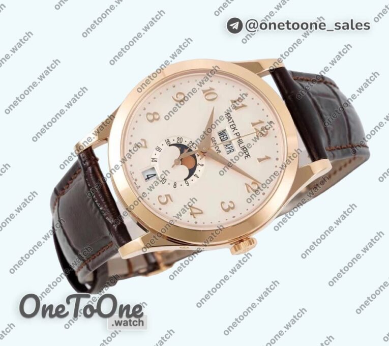 Реплика часов Patek Philippe Annual Calendar Moonphase 5396 Rose gold Top-tier Копия один в один Champagne Dial on Brown Leather Strap