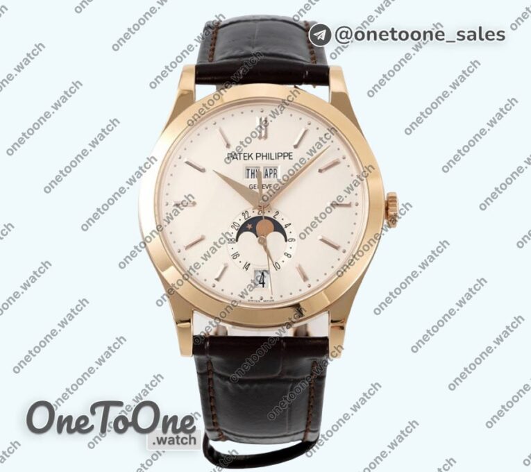 Реплика часов Patek Philippe Annual Calendar Moonphase 5396 Rose gold Top-tier Копия один в один White Sticks Dial Brown Leather Strap