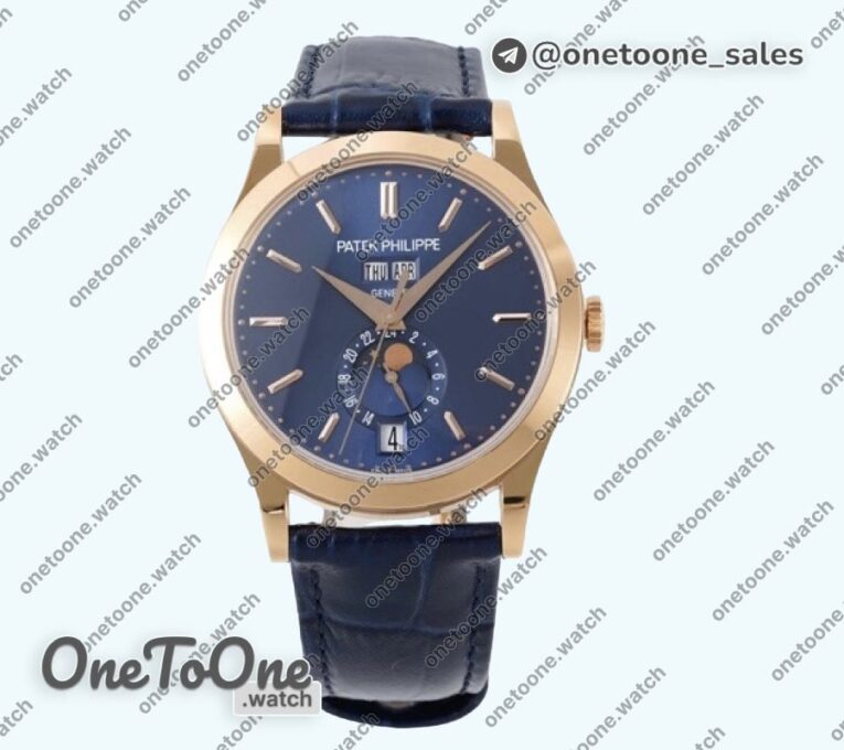 Реплика часов Patek Philippe Annual Calendar Moonphase 5396 Rose gold Top-tier Копия один в один Blue Dial on Blue Leather Strap