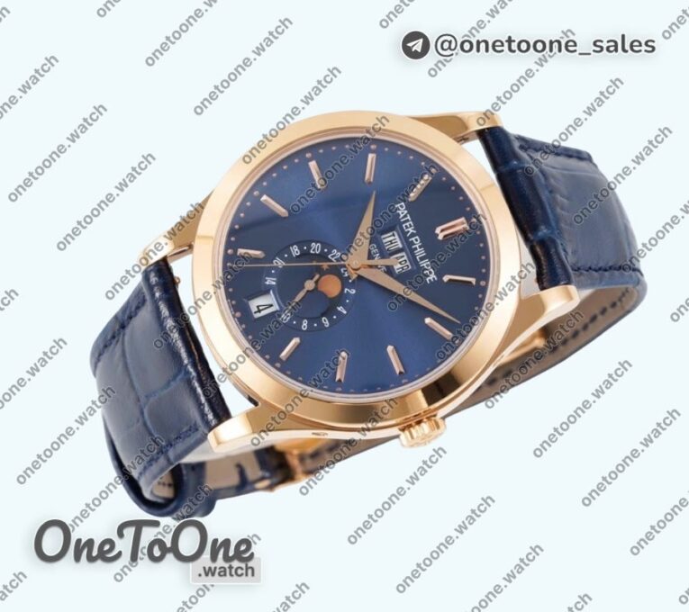 Реплика часов Patek Philippe Annual Calendar Moonphase 5396 Rose gold Top-tier Копия один в один Blue Dial on Blue Leather Strap