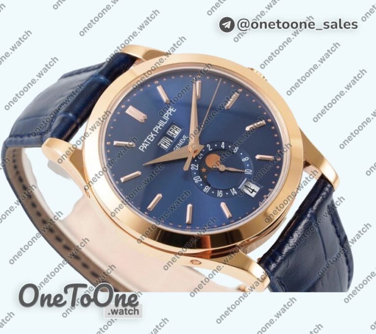 Реплика часов Patek Philippe Annual Calendar Moonphase 5396 Rose gold Top-tier Копия один в один Blue Dial on Blue Leather Strap