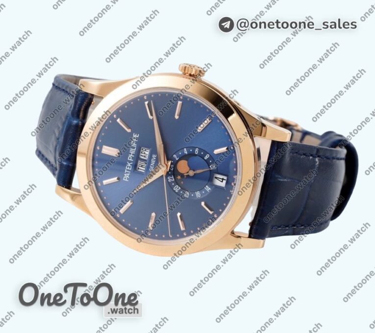 Реплика часов Patek Philippe Annual Calendar Moonphase 5396 Rose gold Top-tier Копия один в один Blue Dial on Blue Leather Strap