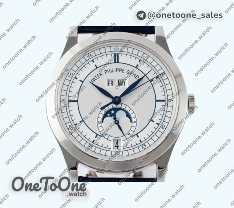 Реплика часов Patek Philippe Annual Calendar Moonphase 5396 Stainless steel Top-tier Копия один в один White Dial on Blue Leather Strap