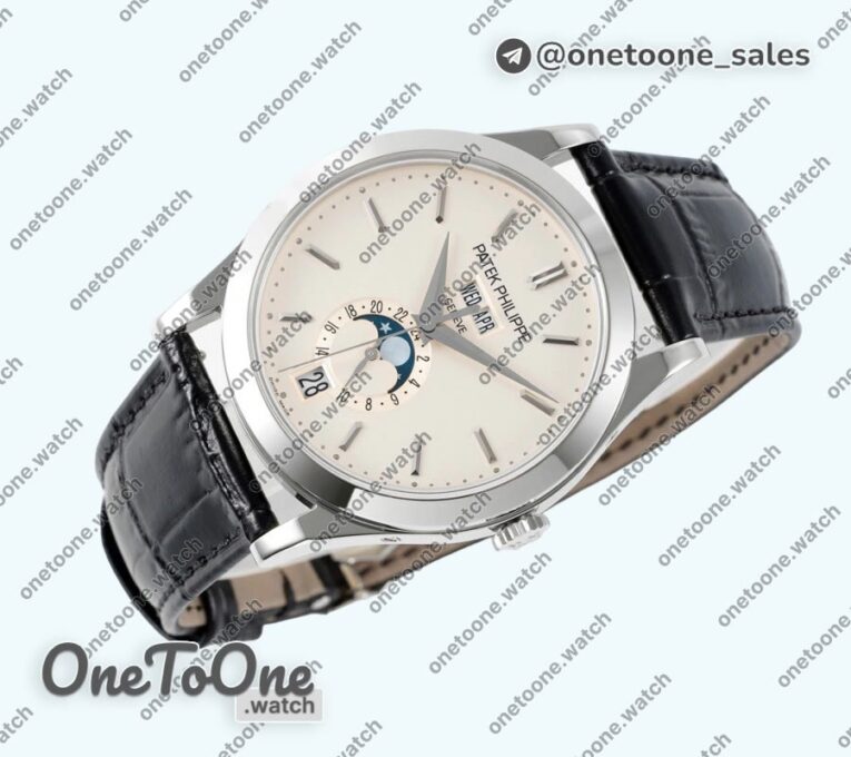 Реплика часов Patek Philippe Annual Calendar Moonphase 5396 Stainless steel Top-tier Копия один в один White Dial Leather Strap