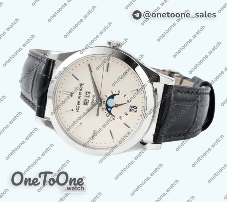 Реплика часов Patek Philippe Annual Calendar Moonphase 5396 Stainless steel Top-tier Копия один в один White Dial Leather Strap
