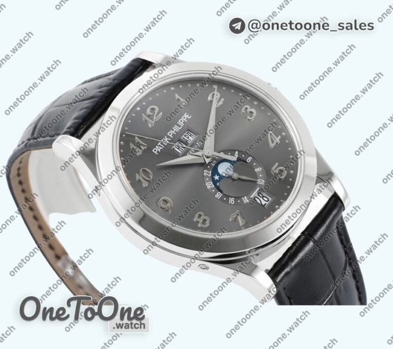 Реплика часов Patek Philippe Annual Calendar Moonphase 5396 Stainless steel Top-tier Копия один в один Grey Dial Leather Strap