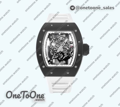 Реплика часов Richard Mille 055 Black Ceramic Top-tier Копия один в один Skeleton Dial White Inner Bezel Rubber Strap NH05