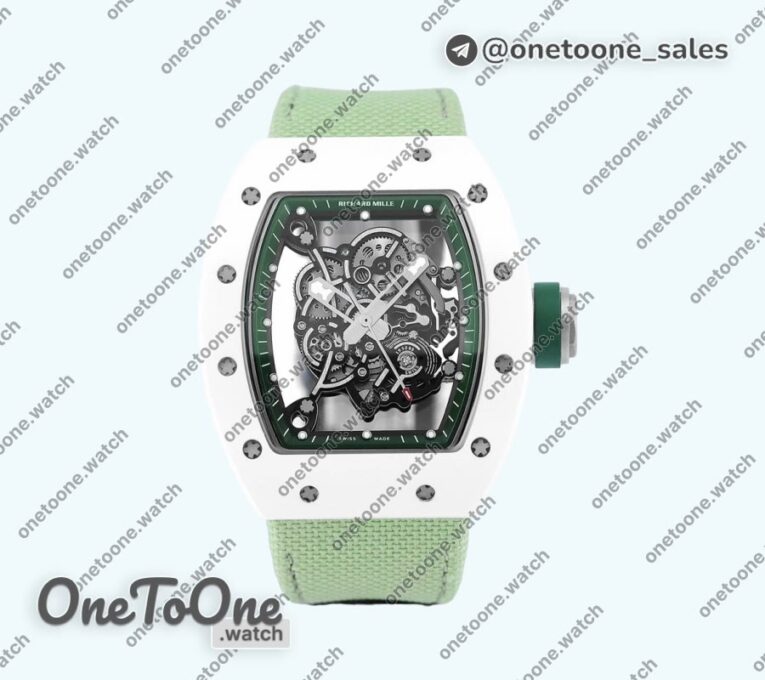 Реплика часов Richard Mille 055 White Ceramic Top-tier Копия один в один Skeleton Dial Green Inner Bezel Nylon Strap NH05