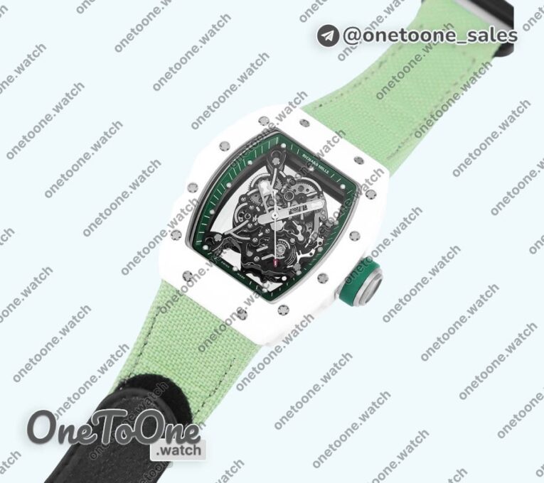 Реплика часов Richard Mille 055 White Ceramic Top-tier Копия один в один Skeleton Dial Green Inner Bezel Nylon Strap NH05