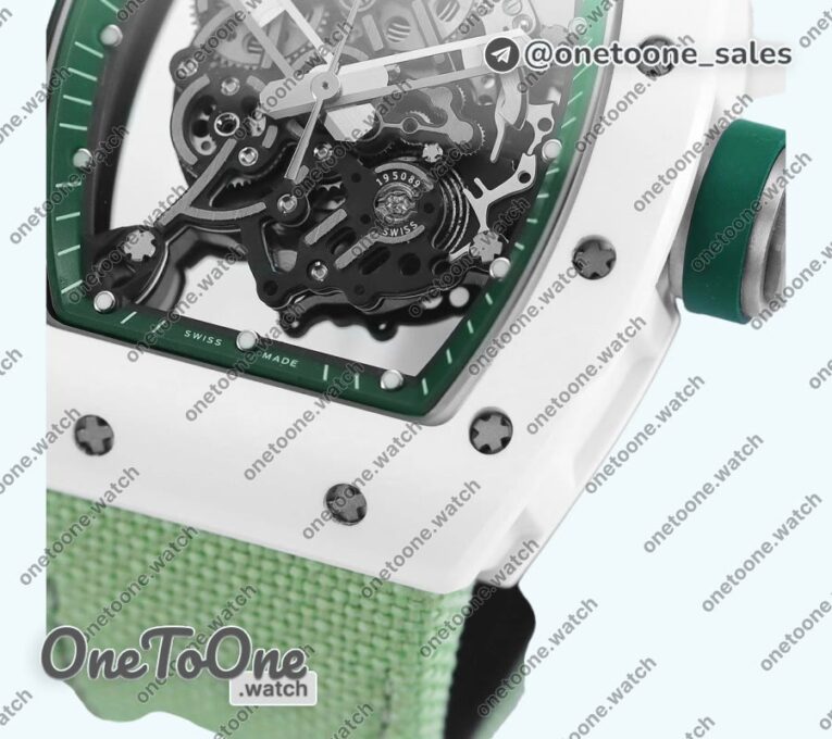 Реплика часов Richard Mille 055 White Ceramic Top-tier Копия один в один Skeleton Dial Green Inner Bezel Nylon Strap NH05