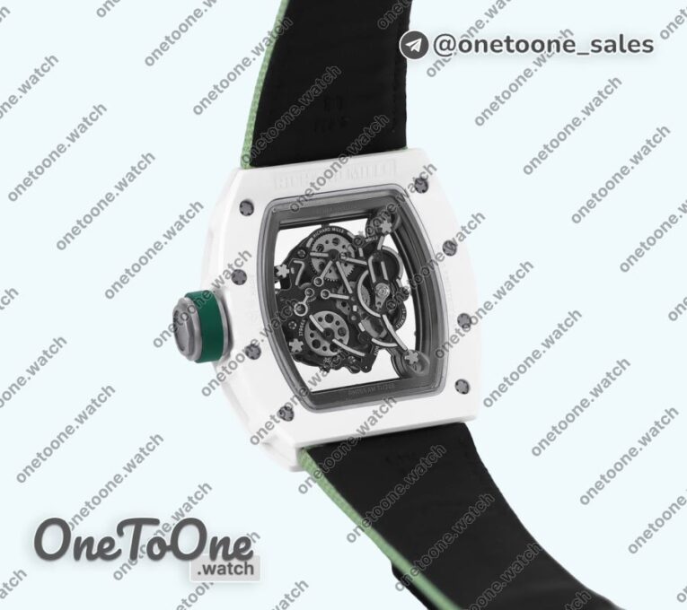 Реплика часов Richard Mille 055 White Ceramic Top-tier Копия один в один Skeleton Dial Green Inner Bezel Nylon Strap NH05