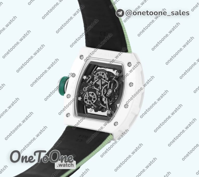 Реплика часов Richard Mille 055 White Ceramic Top-tier Копия один в один Skeleton Dial Green Inner Bezel Nylon Strap NH05