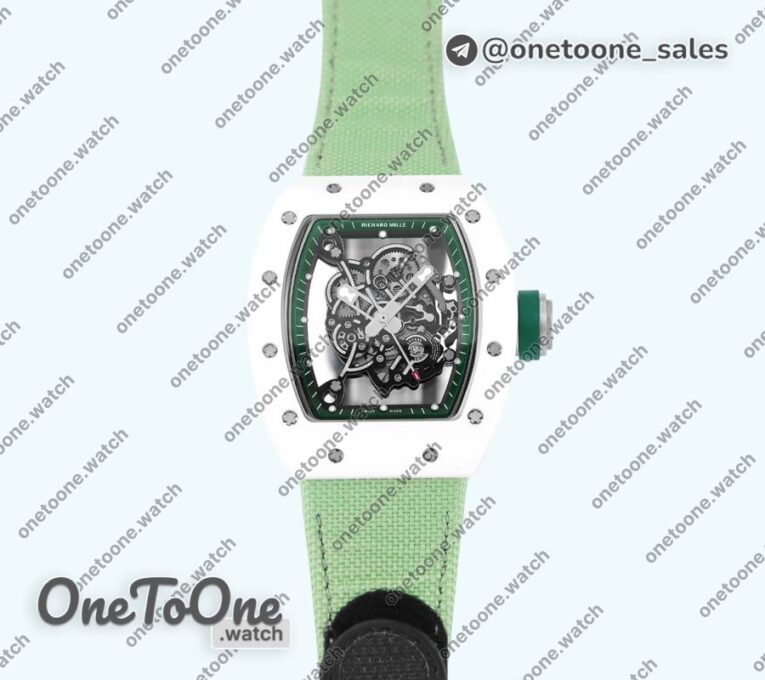 Реплика часов Richard Mille 055 White Ceramic Top-tier Копия один в один Skeleton Dial Green Inner Bezel Nylon Strap NH05