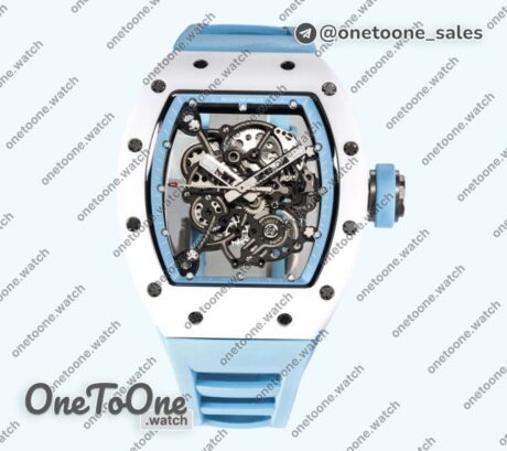 Реплика часов Richard Mille 055 White Ceramic Top-tier Копия один в один Skeleton Dial Blue Inner Bezel Rubber Strap Clone RMUL2
