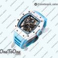 Реплика часов Richard Mille 055 White Ceramic Top-tier Копия один в один Skeleton Dial Blue Inner Bezel Rubber Strap Clone RMUL2