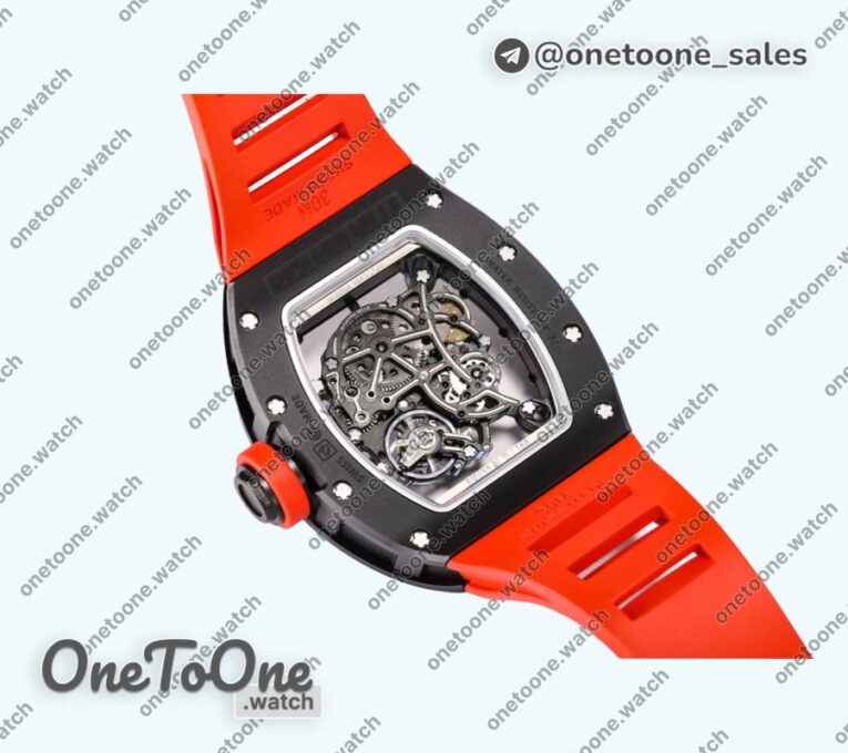 Реплика часов Richard Mille 055 Black Ceramic Top-tier Копия один в один Skeleton Dial on Red Rubber Strap Clone RMUL2
