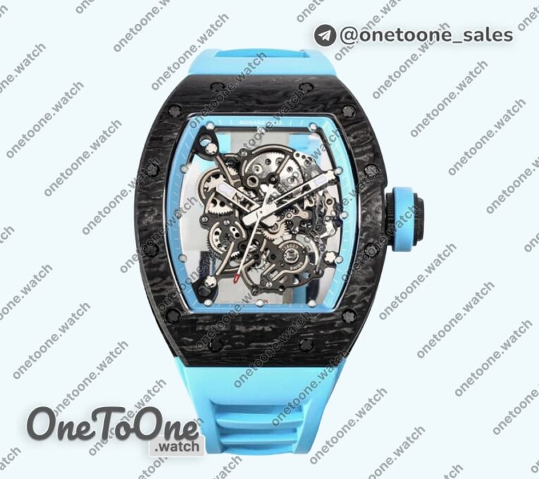Реплика часов Richard Mille 055 Bubba Watson PT Carbon Case Skeleton Dial Blue Inner Bezel Rubber Strap RMUL2