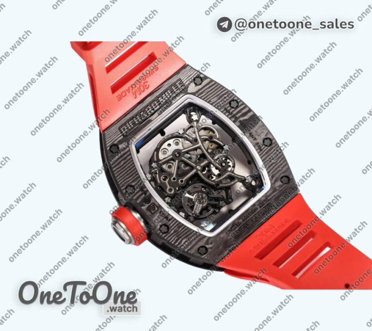 Реплика часов Richard Mille 055 Bubba Watson PT Carbon Case Skeleton Dial Red Rubber Strap RMUL2