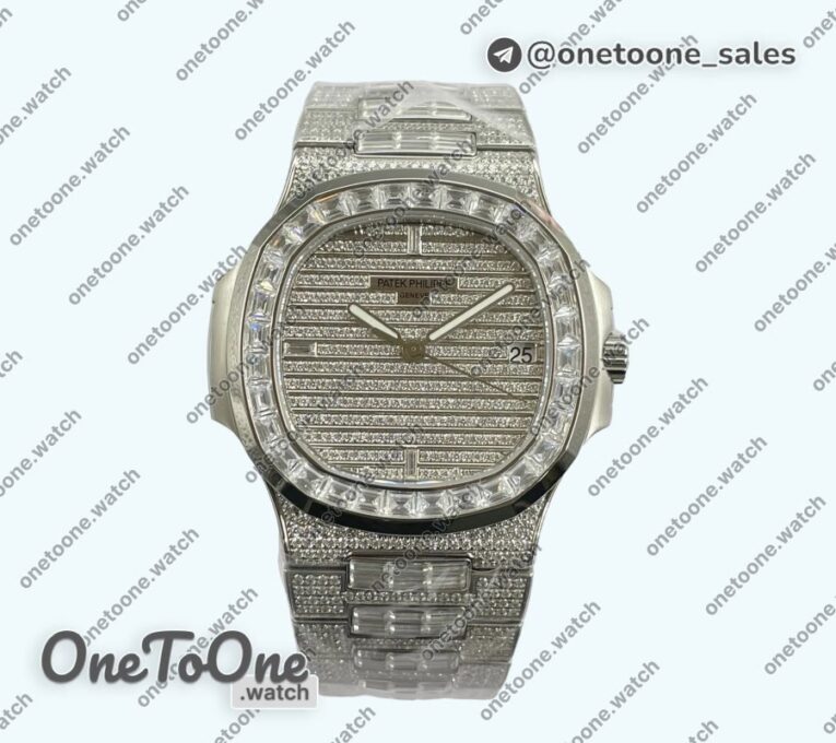 Реплика часов Patek Philippe Nautilus Jumbo 5711 Stainless steel Full Paved Diamonds Dial Case and Bracelet Square Diamonds Bezel
