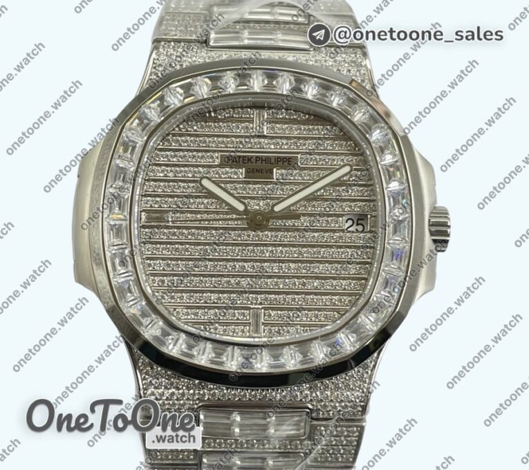 Реплика часов Patek Philippe Nautilus Jumbo 5711 Stainless steel Full Paved Diamonds Dial Case and Bracelet Square Diamonds Bezel