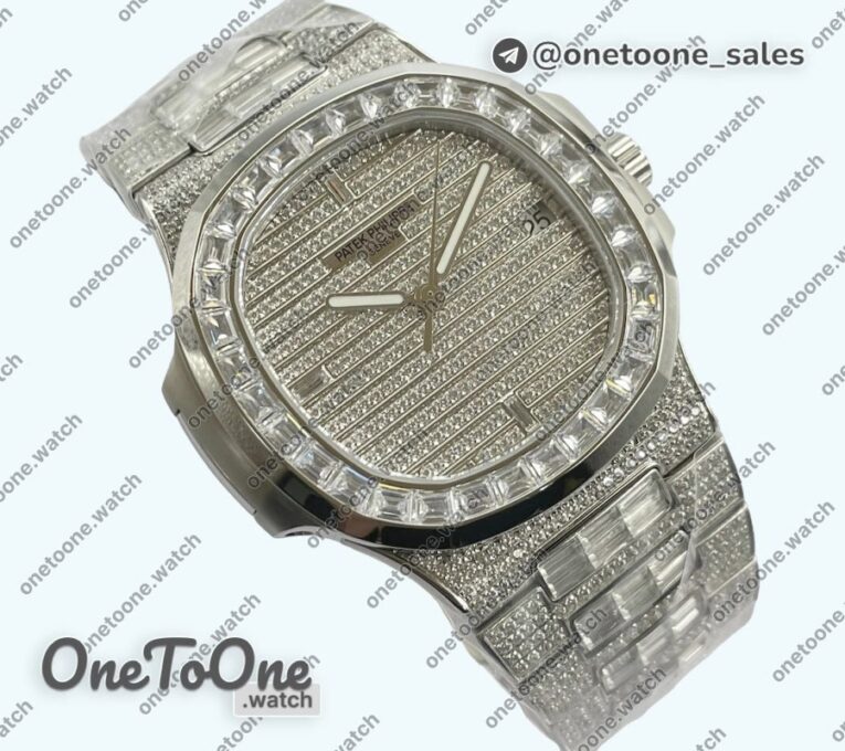 Реплика часов Patek Philippe Nautilus Jumbo 5711 Stainless steel Full Paved Diamonds Dial Case and Bracelet Square Diamonds Bezel