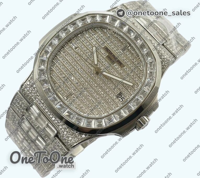 Реплика часов Patek Philippe Nautilus Jumbo 5711 Stainless steel Full Paved Diamonds Dial Case and Bracelet Square Diamonds Bezel