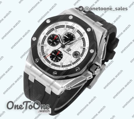 Реплика часов Audemars Piguet Royal Oak Offshore 44mm Stainless steel Black Ceramic Bezel Top-tier Копия один в один White Dial on Rubber Strap J