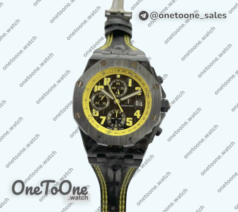Реплика часов Audemars Piguet Royal Oak Offshore Bumble Bee Forged Carbon Top-tier Копия один в один Black Dial on Leather Strap J