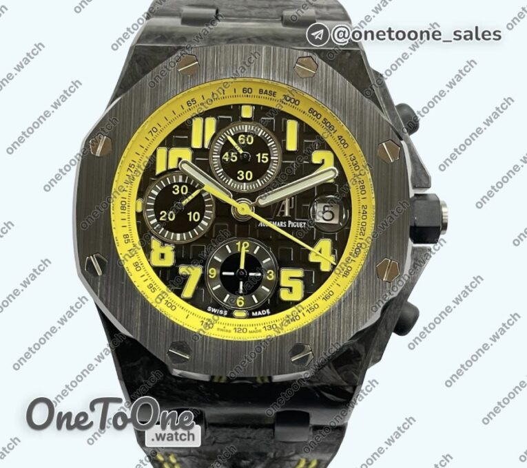 Реплика часов Audemars Piguet Royal Oak Offshore Bumble Bee Forged Carbon Top-tier Копия один в один Black Dial on Leather Strap J