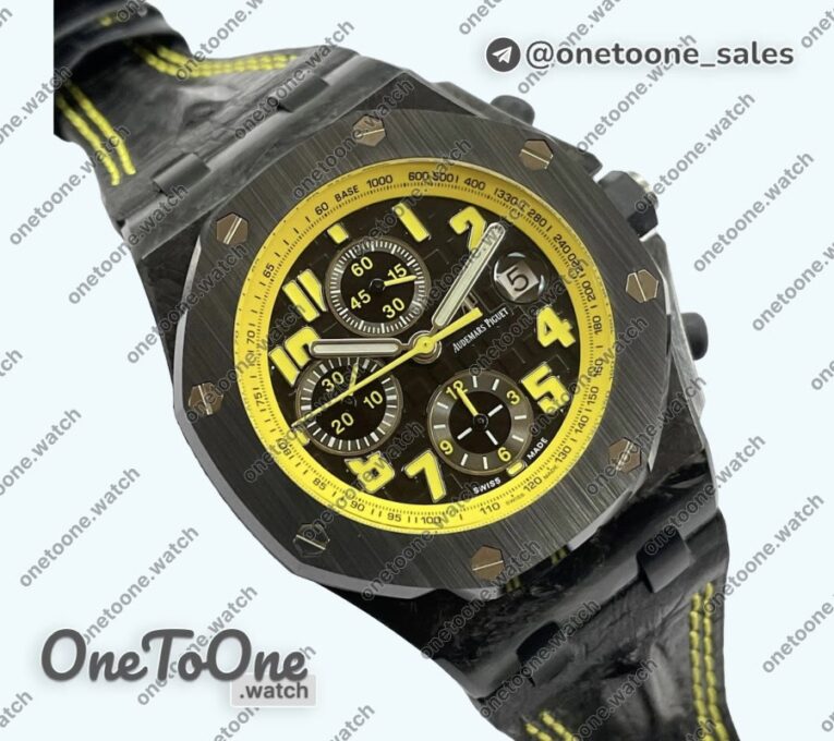 Реплика часов Audemars Piguet Royal Oak Offshore Bumble Bee Forged Carbon Top-tier Копия один в один Black Dial on Leather Strap J