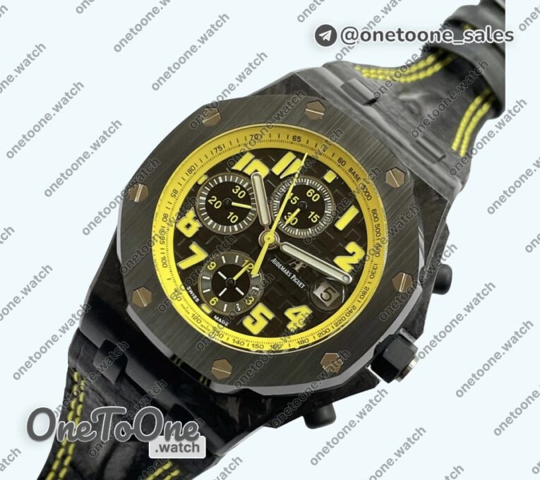 Реплика часов Audemars Piguet Royal Oak Offshore Bumble Bee Forged Carbon Top-tier Копия один в один Black Dial on Leather Strap J