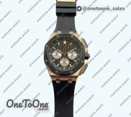 Реплика часов Audemars Piguet Royal Oak Offshore 26240 Rose gold Black Ceramic Bezel Top-tier Копия один в один Black/Silver Dial on Black Rubber Strap