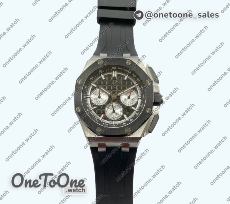 Реплика часов Audemars Piguet Royal Oak Offshore 26240 Stainless steel Black Ceramic Bezel Top-tier Копия один в один Black/Silver Dial on Black Rubber Strap