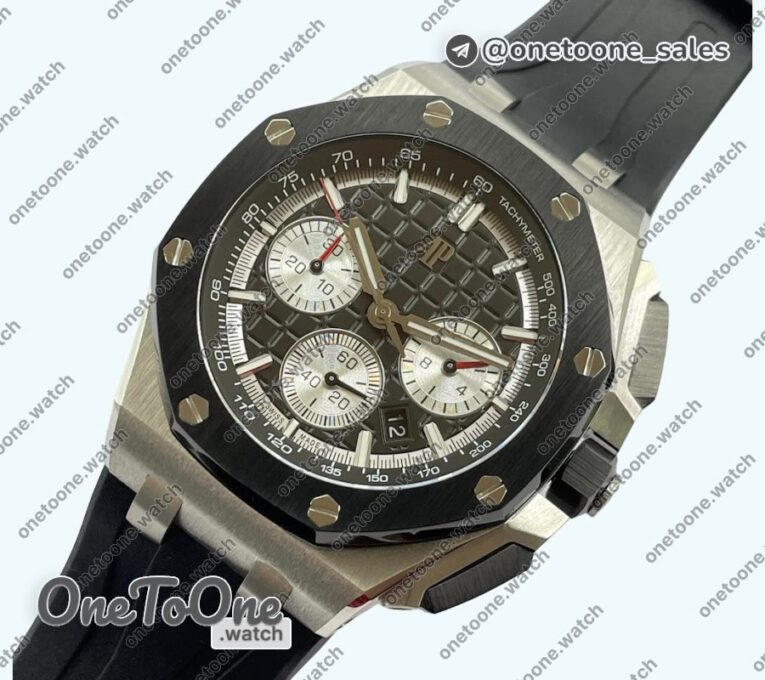 Реплика часов Audemars Piguet Royal Oak Offshore 26240 Stainless steel Black Ceramic Bezel Top-tier Копия один в один Black/Silver Dial on Black Rubber Strap