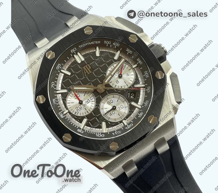 Реплика часов Audemars Piguet Royal Oak Offshore 26240 Stainless steel Black Ceramic Bezel Top-tier Копия один в один Black/Silver Dial on Black Rubber Strap