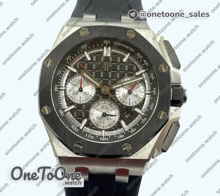 Реплика часов Audemars Piguet Royal Oak Offshore 26240 Stainless steel Black Ceramic Bezel Top-tier Копия один в один Black/Silver Dial on Black Rubber Strap