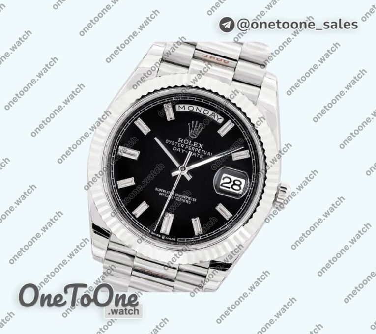Реплика часов Rolex Day Date 40mm Stainless steel Top-tier Копия один в один Diamands Marker Black&Silver Dials Stainless steel Bracelet