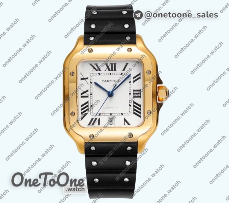 Реплика часов Cartier Santos de Cartier Yellow gold Top-tier Копия один в один White Dial Stainless steel SmartLinks Rubber MIYOTA 9015
