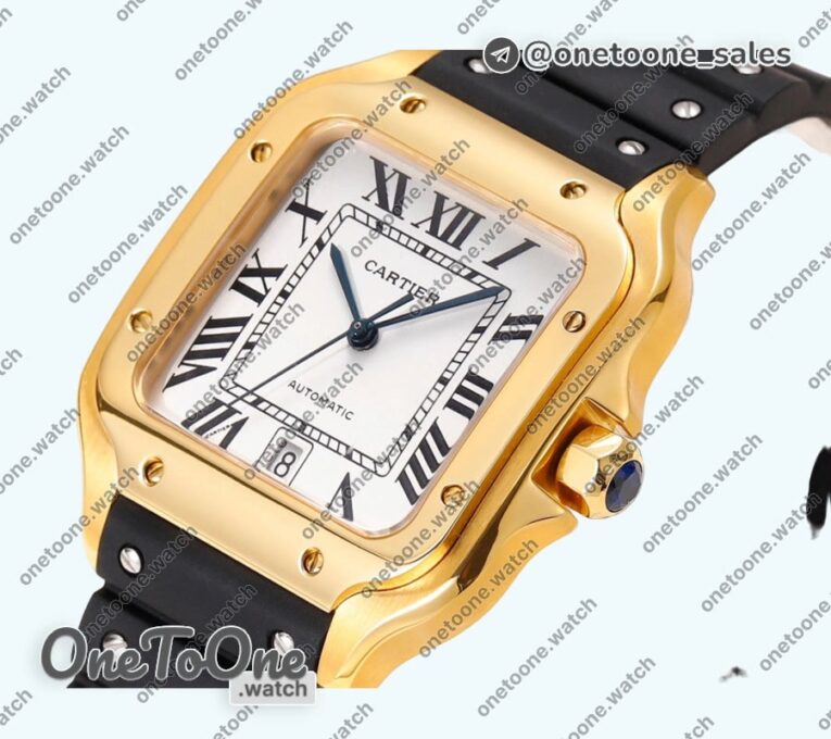 Реплика часов Cartier Santos de Cartier Yellow gold Top-tier Копия один в один White Dial Stainless steel SmartLinks Rubber MIYOTA 9015