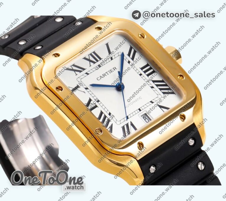Реплика часов Cartier Santos de Cartier Yellow gold Top-tier Копия один в один White Dial Stainless steel SmartLinks Rubber MIYOTA 9015