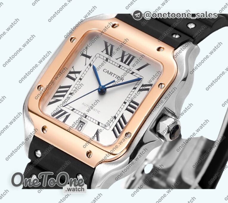 Реплика часов Cartier Santos de Cartier Stainless steel/Rose gold Top-tier Копия один в один White Dial Stainless steel SmartLinks Rubber MIYOTA 9015