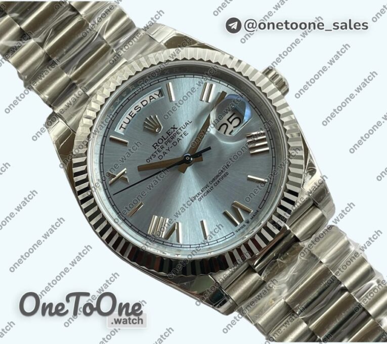 Реплика часов Rolex DayDate 40mm 228239 Увеличенный вес Stainless steel/tungsten Ice Blue Dial Roman Markers President Bracelet G