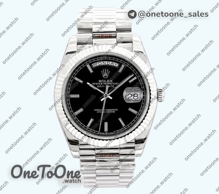 Реплика часов Rolex Day Date 40mm Stainless steel Top-tier Копия один в один Stick Marker Black Dial Stainless steel Bracelet