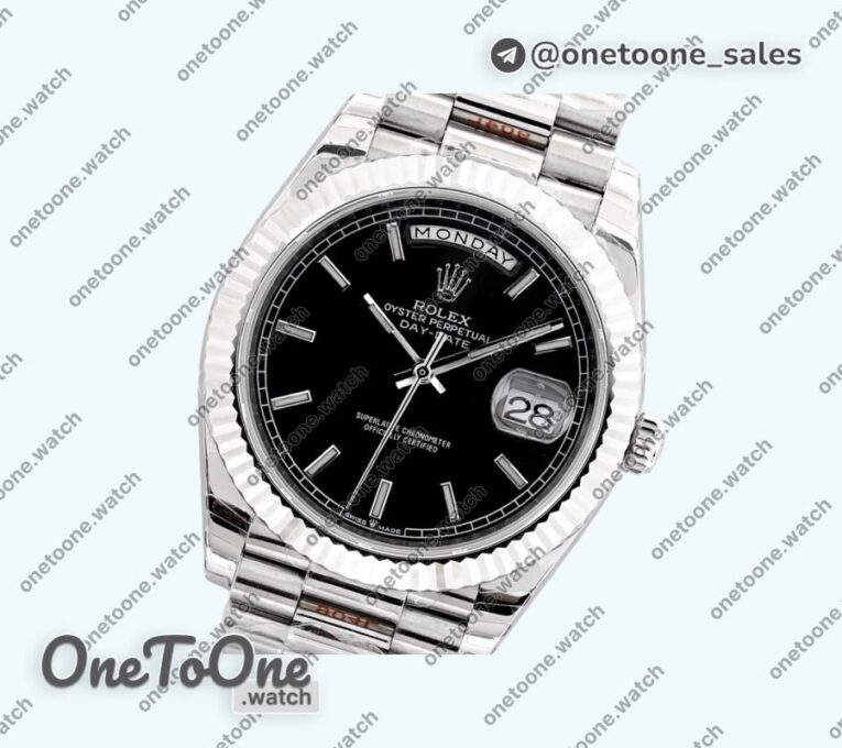 Реплика часов Rolex Day Date 40mm Stainless steel Top-tier Копия один в один Stick Marker Black Dial Stainless steel Bracelet