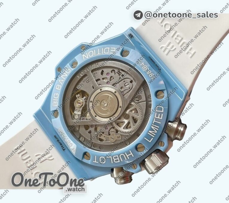 Реплика часов Hublot Hublot Big Bang Unico Blue/White Ceramic Top-tier Копия один в один Skeleton Dial on Blue/White Rubber Strap